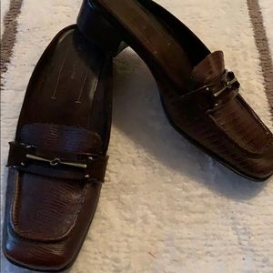 Croc Brown mules w/ patent & brass buckle accents